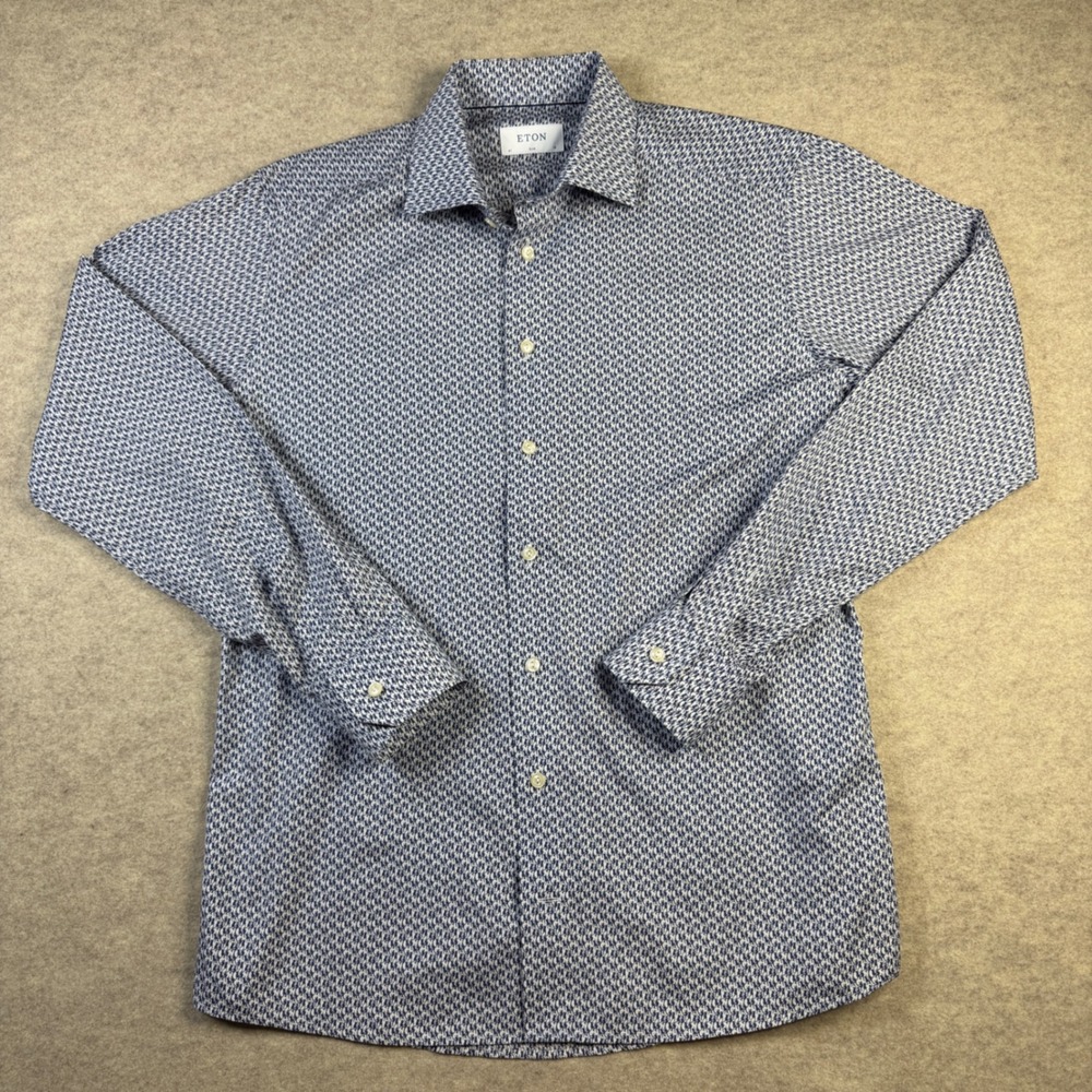 Eton Slim Fit Blue White Geometric Print Button Down Shirt Mens 16 41